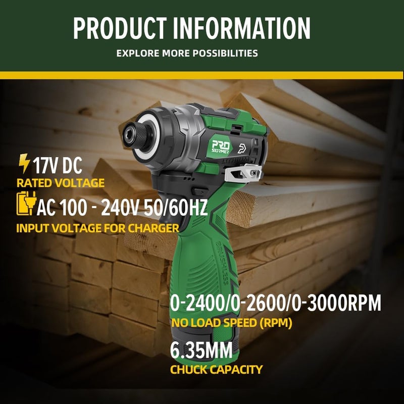Prostormer 17V Cordless Impact Driver Set, 140Nm Brushless Screwdriver with 3 Variable Speed, 1/4” Hex Chuck, 18 Pcs Bits, 1.5Ah Batteries & Charger - Image 3